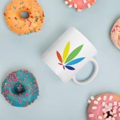 rainbow leaf mug, marijuana leaf mug, potography colorleaf mug with cookies and sugarcubes