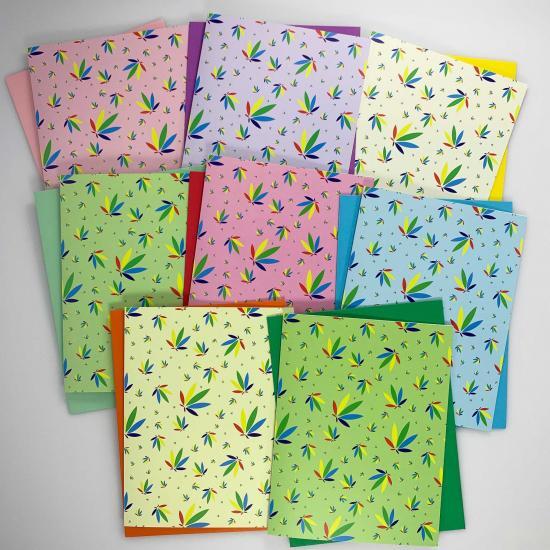 cannabis greeting cards, recycled greeting cards, potography colorleaf pattern cards with matching astrobrights envelopes